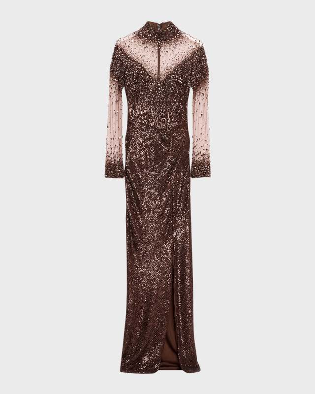 Illusion Tulle Sequin Gown with Oversized Crystals